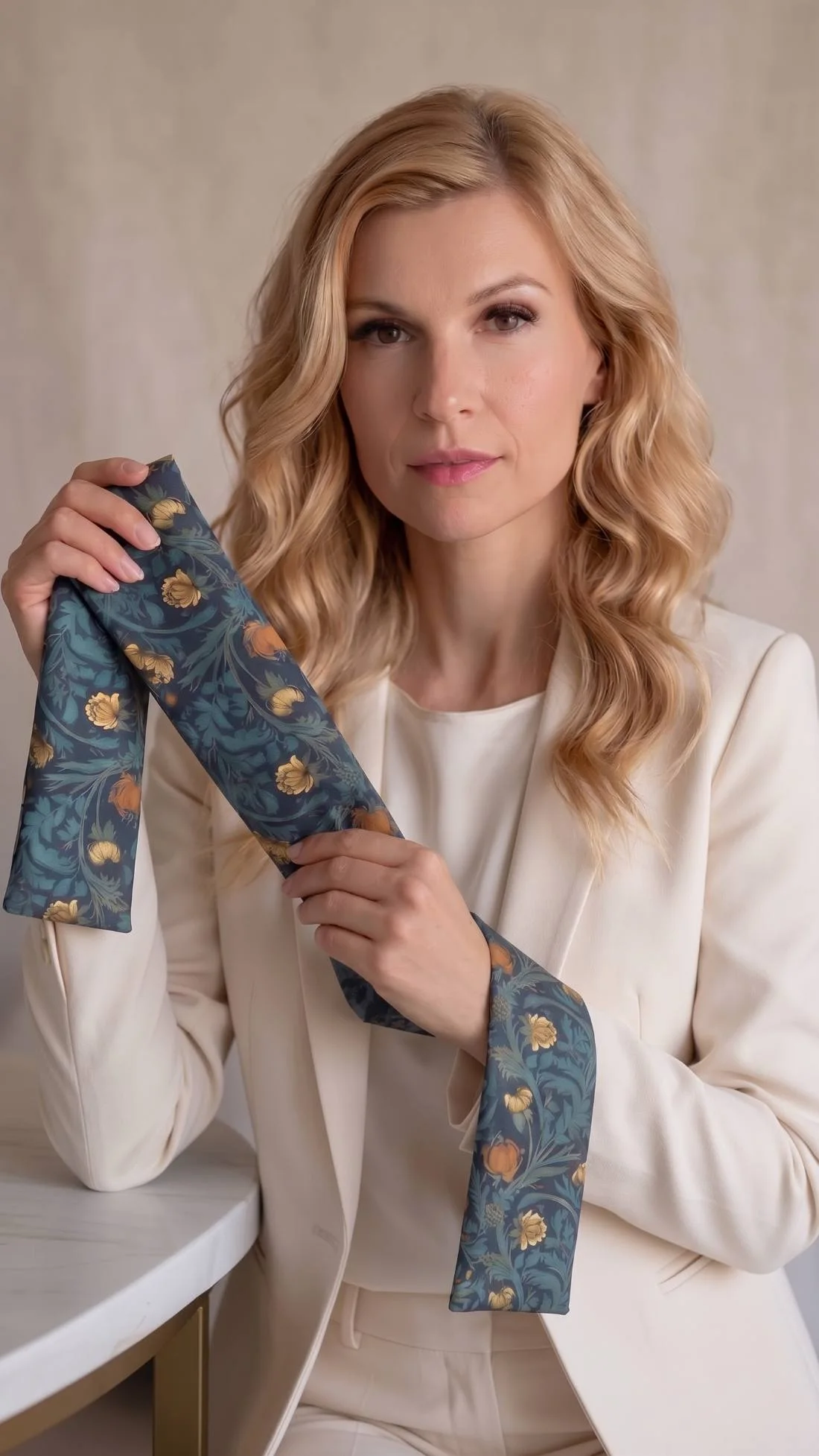 Anastasia Uvarova holding the floral satin Silk Wings curling ribbon