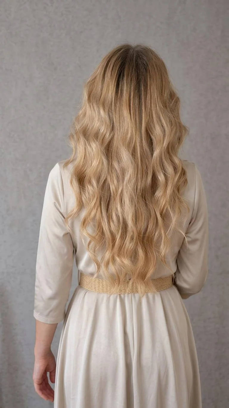 Long blonde hair set in soft heatless waves, seen from behind