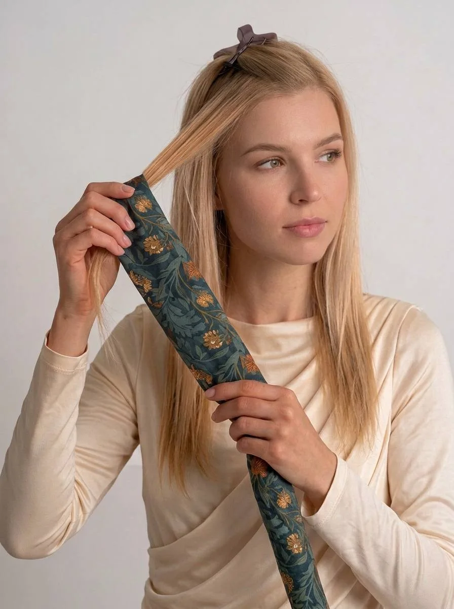 Model wrapping a section of hair around the floral satin Silk Wings curling ribbon